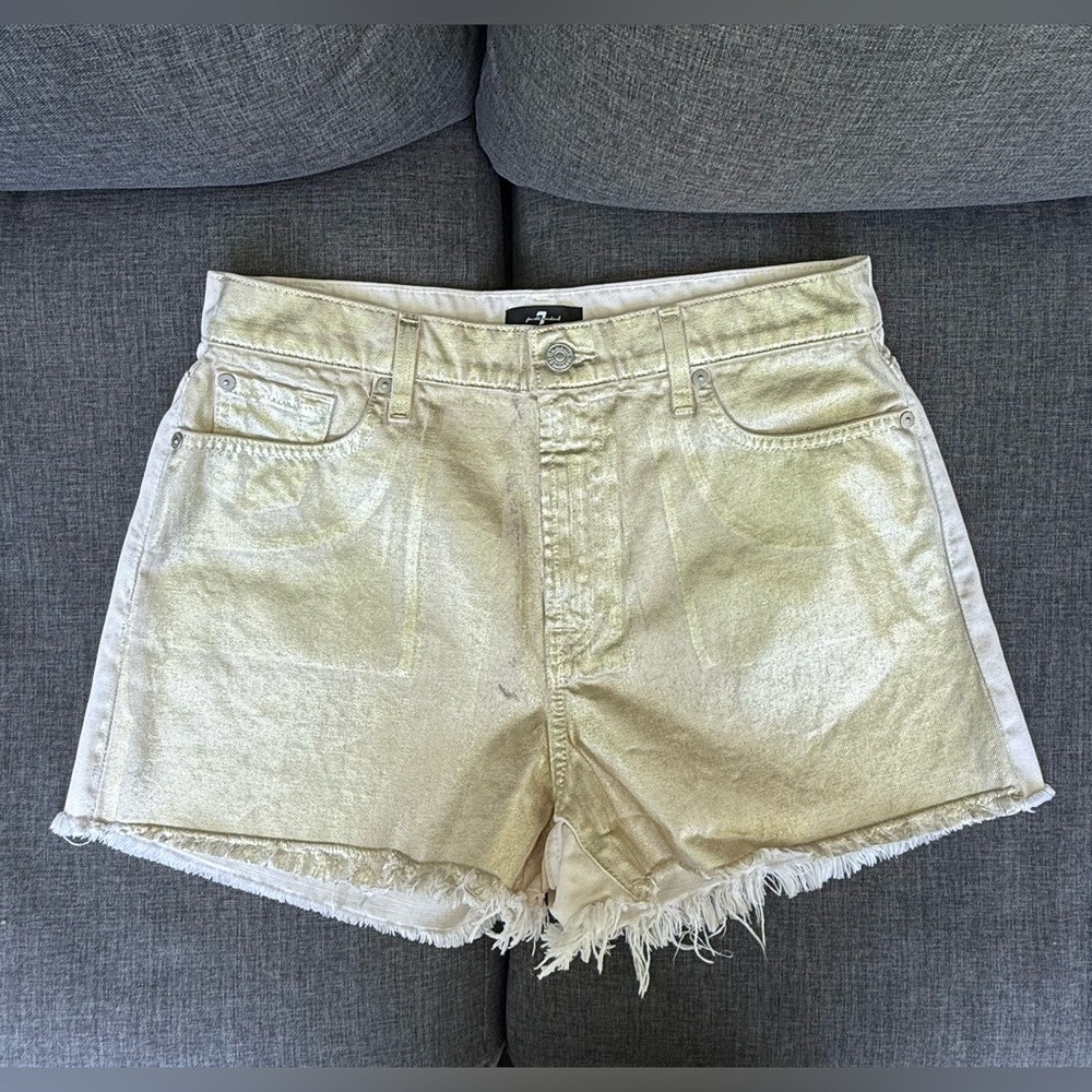 7 For All Mankind High Rise Cut Off Metallic Beige Denim Cotton Shorts Size 30